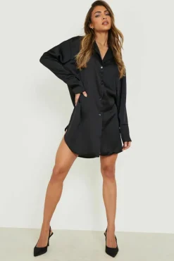 Shirt Dresses*boohoo Satin Oversized Shirt Dress black