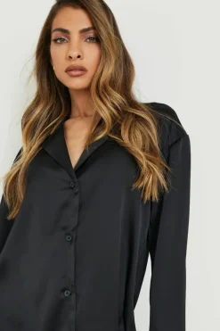 Shirt Dresses*boohoo Satin Oversized Shirt Dress black