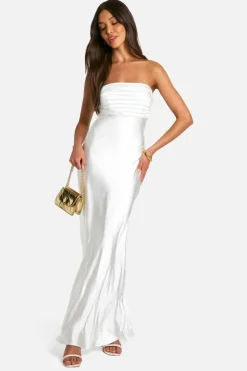 Maxi Dresses*boohoo Satin Pleated Bandeau Maxi Dress white