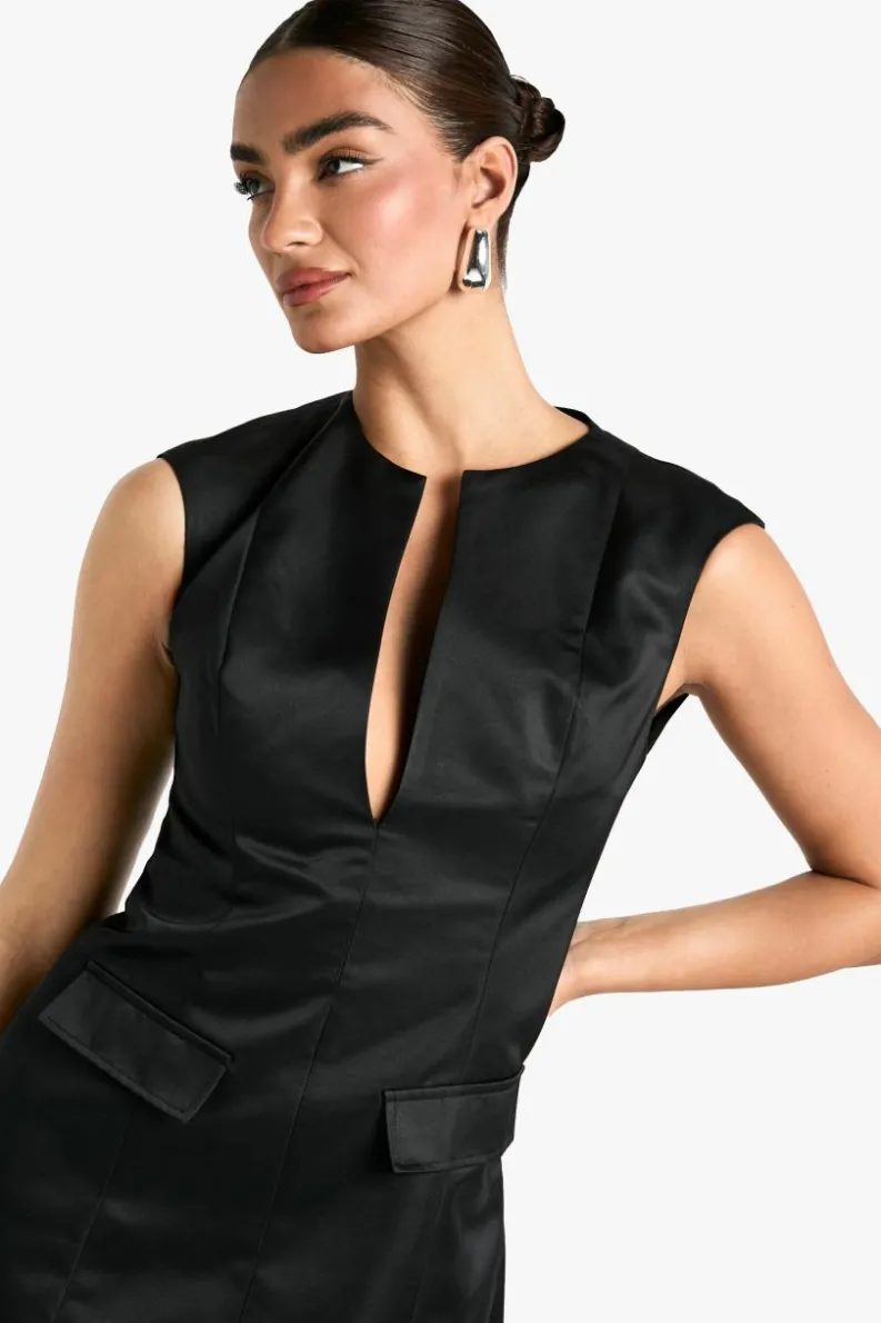Skater Dresses|Mini Dresses*boohoo Satin Pocket Front Mini Dress black