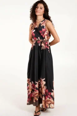 Wrap Dresses*Blue Vanilla Satin Print Double V Wrap Dress Black