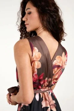 Wrap Dresses*Blue Vanilla Satin Print Double V Wrap Dress Black