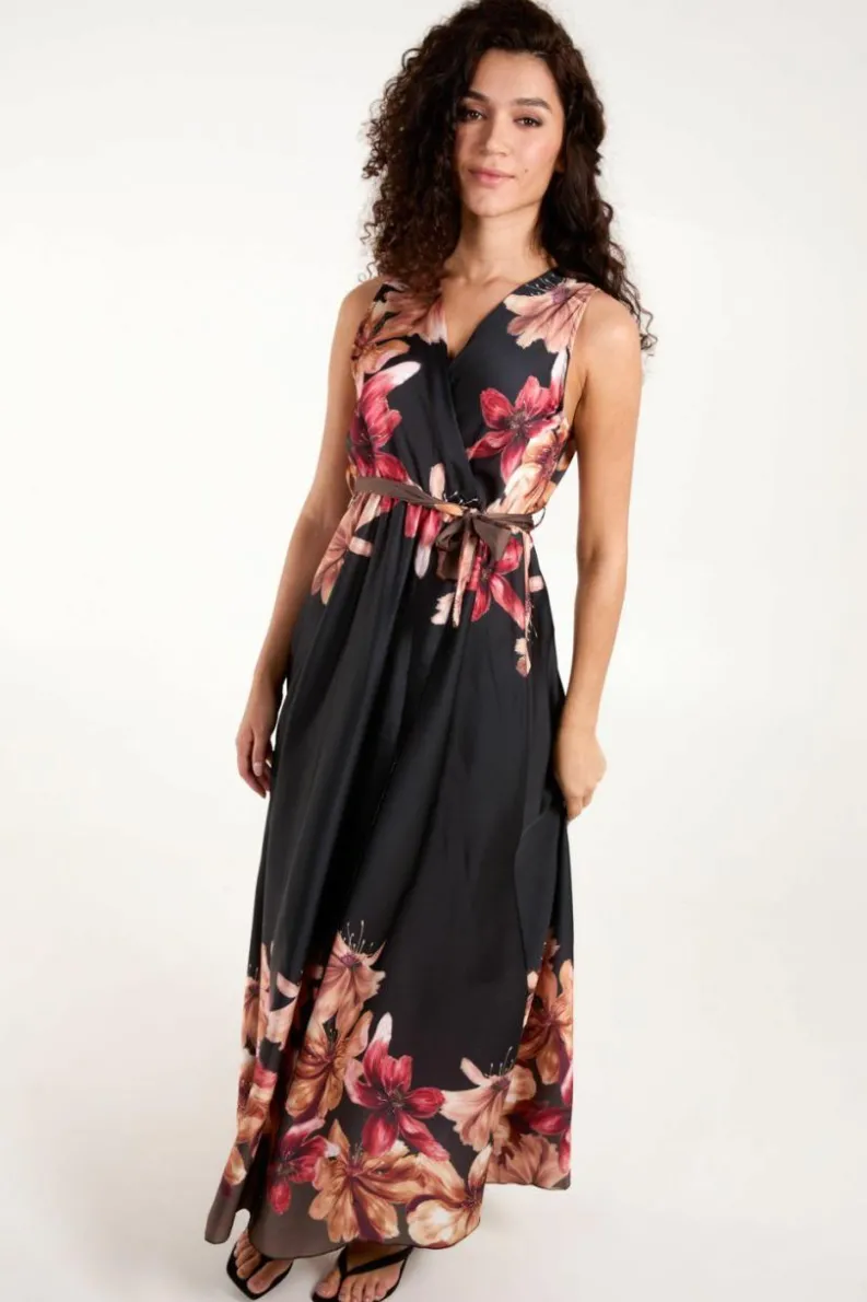 Wrap Dresses*Blue Vanilla Satin Print Double V Wrap Dress Black