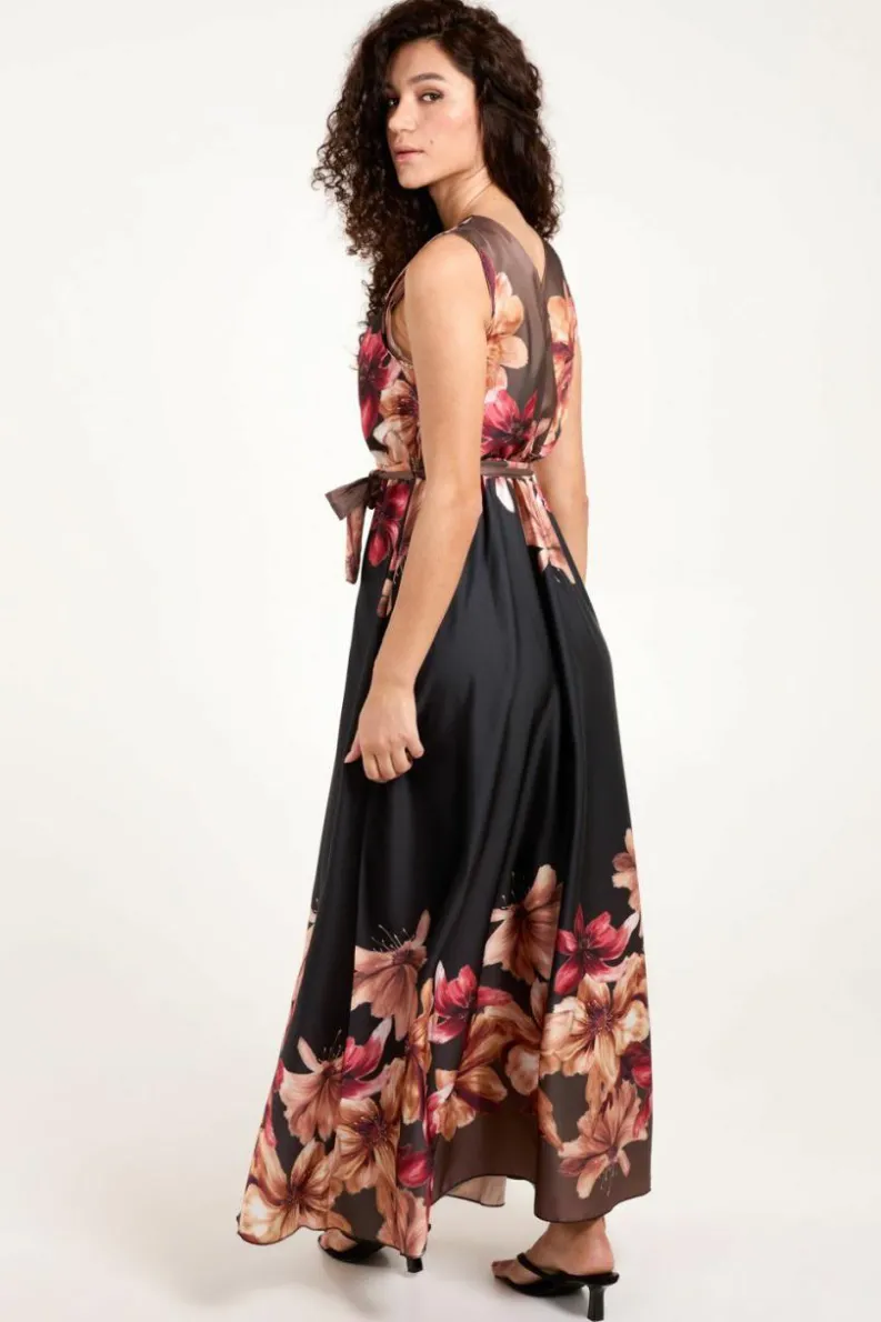 Wrap Dresses*Blue Vanilla Satin Print Double V Wrap Dress Black