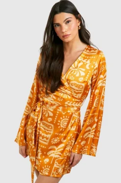 Shirt Dresses|Wrap Dresses*boohoo Satin Printed Wrap Tie Shirt Dress burnt orange