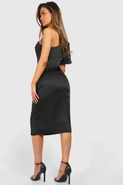 Midi Dresses*boohoo Satin Puff Sleeve Asymmetric Midi Dress black