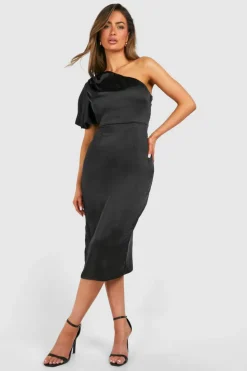 Midi Dresses*boohoo Satin Puff Sleeve Asymmetric Midi Dress black