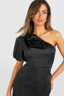 Midi Dresses*boohoo Satin Puff Sleeve Asymmetric Midi Dress black