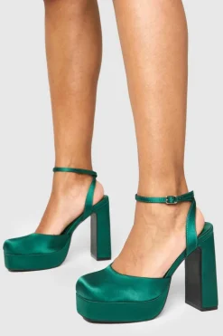 Heels*boohoo Satin Round Toe Platform Heels emerald