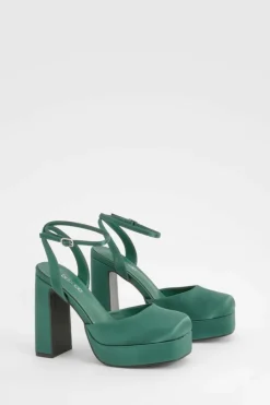 Heels*boohoo Satin Round Toe Platform Heels emerald