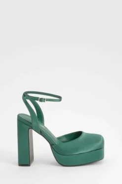 Heels*boohoo Satin Round Toe Platform Heels emerald