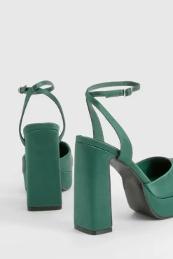 Heels*boohoo Satin Round Toe Platform Heels emerald