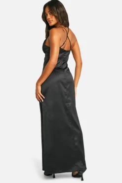 Cami Dresses*boohoo Satin Ruched Cup Maxi Dress black