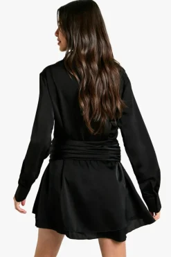 Shirt Dresses*boohoo Satin Ruched Shirt Dress black