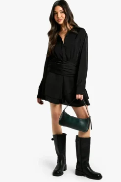 Shirt Dresses*boohoo Satin Ruched Shirt Dress black