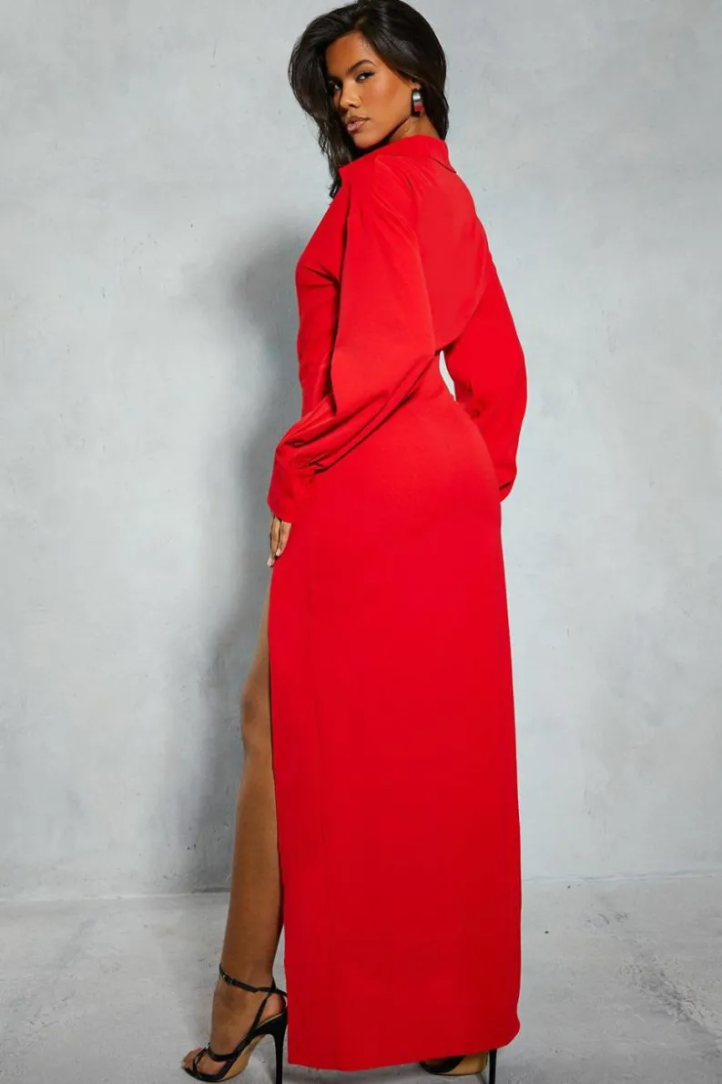 Shirt Dresses*MissPap Satin Ruched Shirt Maxi Dress red