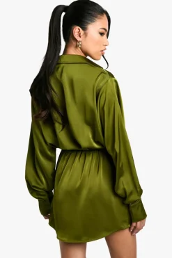 Shirt Dresses|Mini Dresses*boohoo Satin Shirt Mini Dress khaki