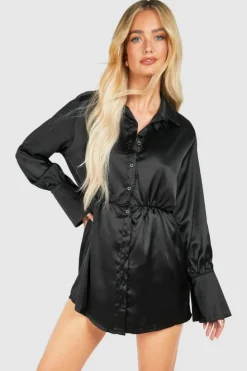 Shirt Dresses*boohoo Satin Shoulder Pad Mini Shirt Dress black