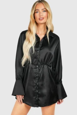 Shirt Dresses*boohoo Satin Shoulder Pad Mini Shirt Dress black
