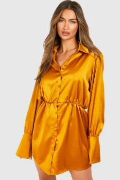 Shirt Dresses*boohoo Satin Shoulder Pad Mini Shirt Dress gold