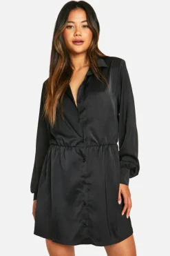 Shirt Dresses*boohoo Satin Shoulder Pad Shirt Dress black