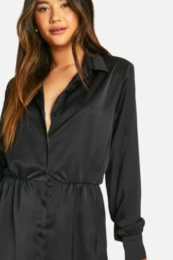 Shirt Dresses*boohoo Satin Shoulder Pad Shirt Dress black