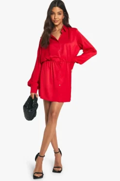 Shirt Dresses*boohoo Satin Shoulder Pad Shirt Dress red