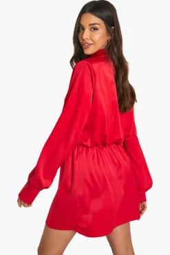 Shirt Dresses*boohoo Satin Shoulder Pad Shirt Dress red