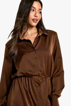 Shirt Dresses*boohoo Satin Shoulder Pad Shirt Dress chocolate