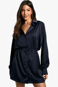 Shirt Dresses*boohoo Satin Shoulder Pad Shirt Dress navy