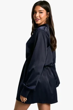 Shirt Dresses*boohoo Satin Shoulder Pad Shirt Dress navy