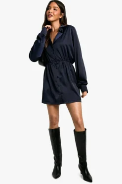 Shirt Dresses*boohoo Satin Shoulder Pad Shirt Dress navy