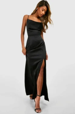 Cami Dresses*boohoo Satin Slip Side Split Maxi Dress black