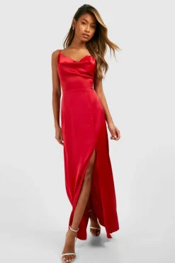 Cami Dresses*boohoo Satin Slip Side Split Maxi Dress red