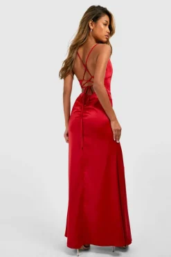 Cami Dresses*boohoo Satin Slip Side Split Maxi Dress red