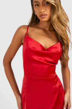 Cami Dresses*boohoo Satin Slip Side Split Maxi Dress red