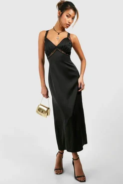 Cami Dresses*boohoo Satin Slip Split Leg Midaxi Dress black