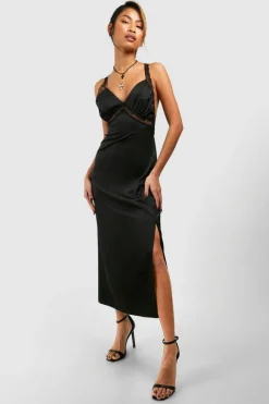 Cami Dresses*boohoo Satin Slip Split Leg Midaxi Dress black
