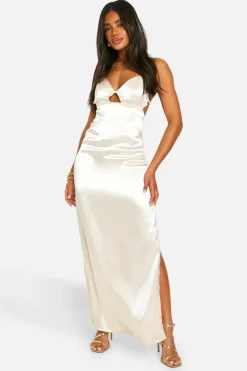 Cami Dresses*boohoo Satin Split Leg Strappy Maxi Slip Dress champagne