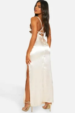 Cami Dresses*boohoo Satin Split Leg Strappy Maxi Slip Dress champagne