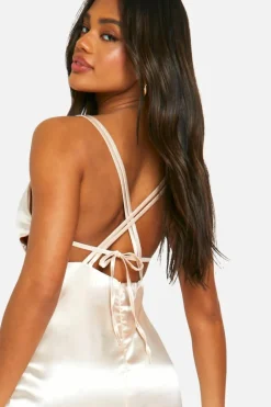 Cami Dresses*boohoo Satin Split Leg Strappy Maxi Slip Dress champagne