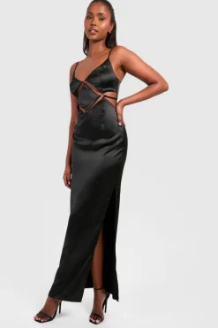 Cami Dresses*boohoo Satin Strappy Cut Cut Out Maxi Slip Dress black