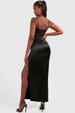 Cami Dresses*boohoo Satin Strappy Cut Cut Out Maxi Slip Dress black