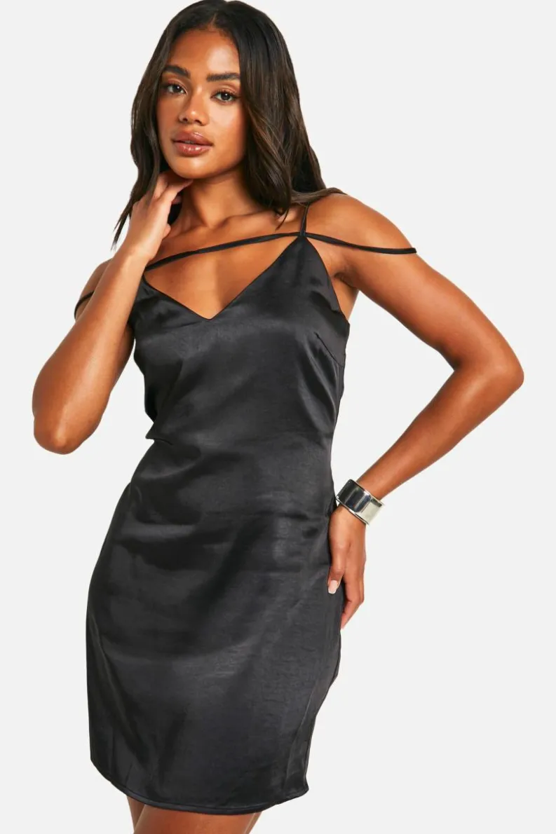 Cami Dresses*boohoo Satin Strappy Mini Dress black