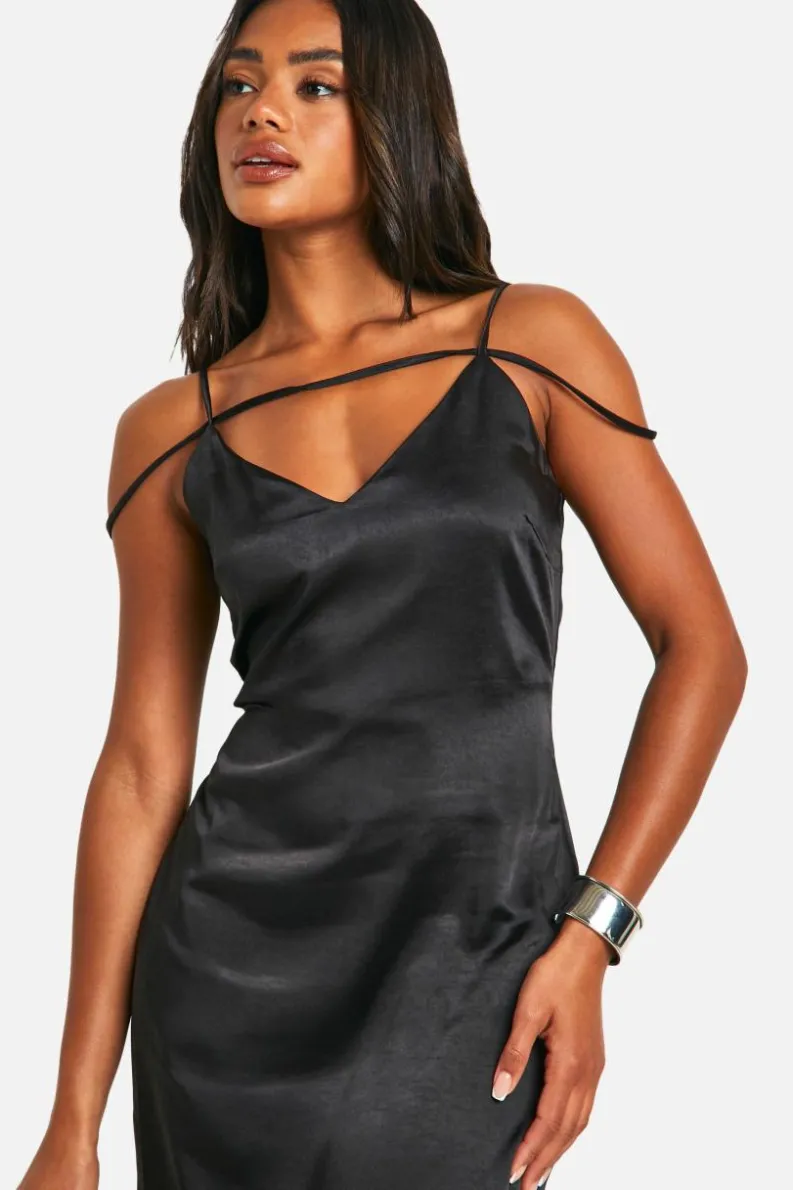 Cami Dresses*boohoo Satin Strappy Mini Dress black