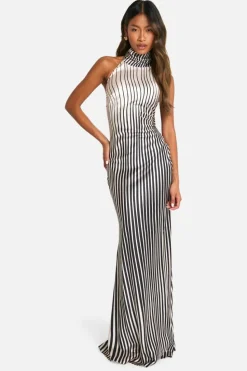 Maxi Dresses*boohoo Satin Stripe Halterneck Maxi Dress black