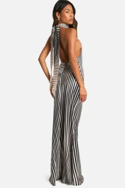 Maxi Dresses*boohoo Satin Stripe Halterneck Maxi Dress black