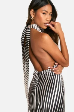 Maxi Dresses*boohoo Satin Stripe Halterneck Maxi Dress black