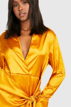Shirt Dresses*boohoo Satin Tie Waist Shirt Dress gold