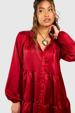 Shirt Dresses*boohoo Satin Tiered Smock Shirt Dress merlot
